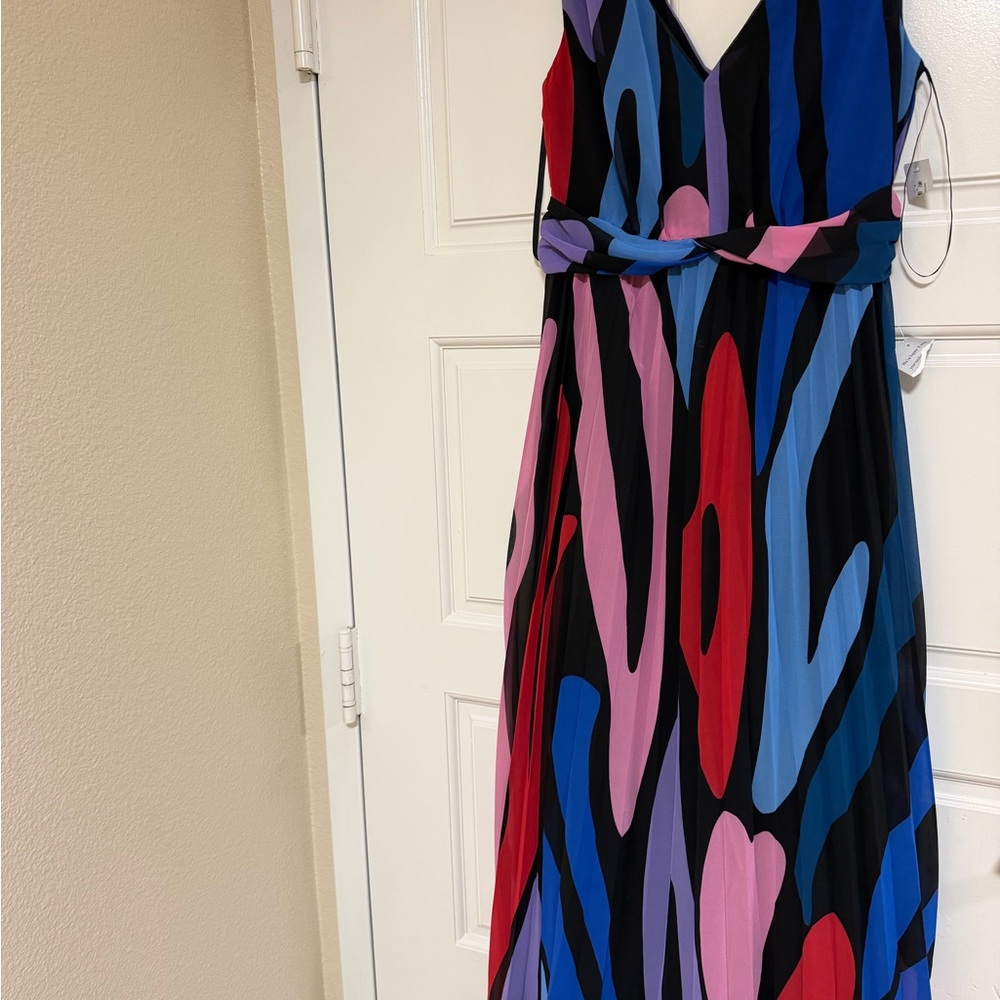 Donna Morgan Black Maxi Dress with Red, Blue, Purple & Pink Abstract Print